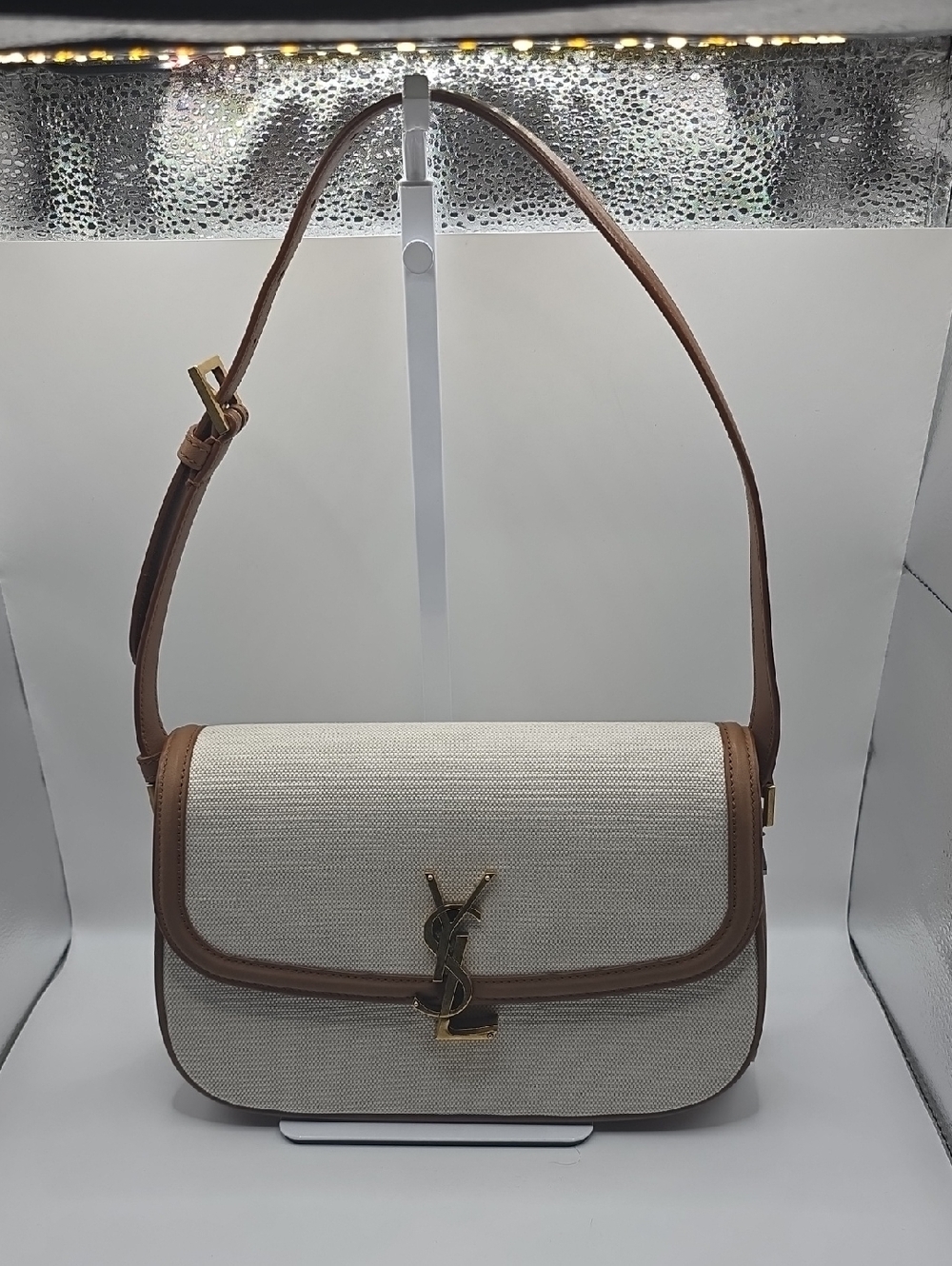 Saint Laurent Canvas Shoulder Bag with Brown Leather Trim and Gold Hardware